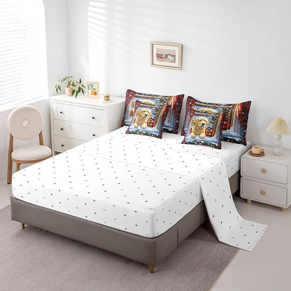 Castle Fairy Cute Dog Puppy 7 Pieces Bedding Set King Bed in a Bag,Watercolor Christmas Trees Bell Comforter Set,Kids Happy New Year Gifts Soft Warm Microfiber Bedding