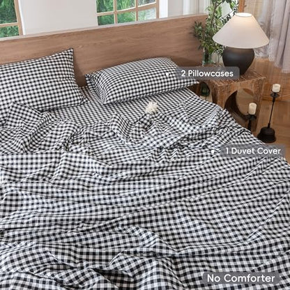 MooMee Gingham Duvet Cover Set 100% Washed Cotton Linen Like