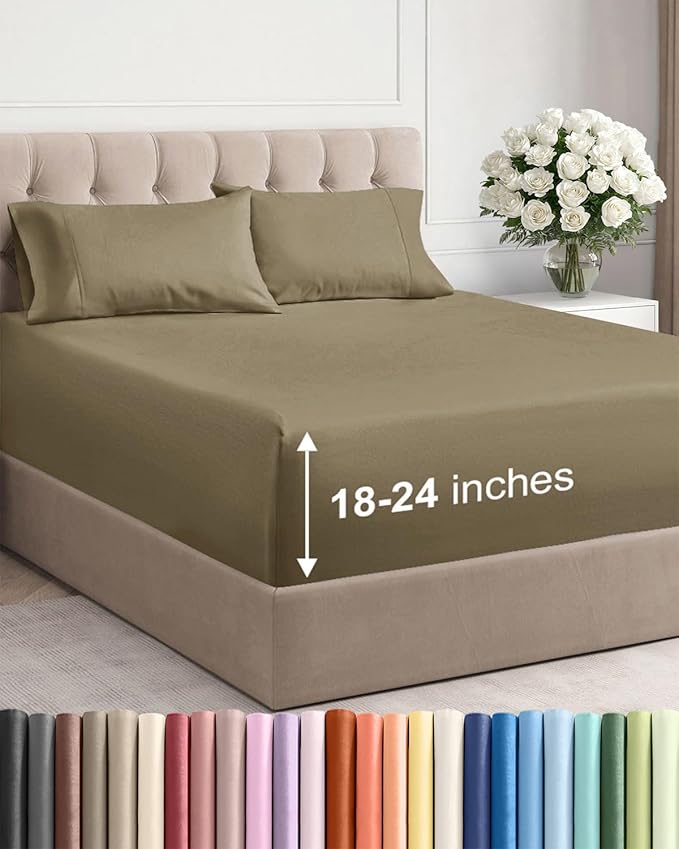 Extra Deep Twin XL Sheet Set - 4 Piece Breathable and Cooling Sheets - Hotel Luxury Bedding for Women, Men, Kids & Teens - Easy & Secure Fit - Soft, Wrinkle Free and Comfy - Extra Deep Pockets - Khaki