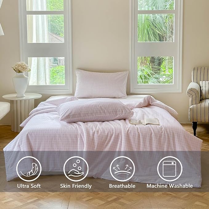 NSNLGSGC Pink Gingham Cotton Comforter Set Queen, 100% Washed Cotton Plaid Checked Comforter Bedding, 3 Pieces Vintage Farmhouse Grid Bedding Set(Pink Gingham, Queen)