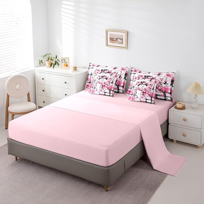Castle Fairy Kawaii Snowman 7 Pieces Bedding Set Full Bed in a Bag,Pink Cherry Blossom Winter Flowers Comforter Set,Modern Abstract Soft Warm Microfiber Bedding
