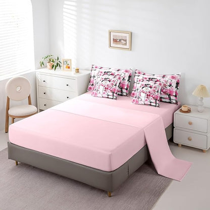 Castle Fairy Kawaii Snowman 7 Pieces Bedding Set Full Bed in a Bag,Pink Cherry Blossom Winter Flowers Comforter Set,Modern Abstract Soft Warm Microfiber Bedding