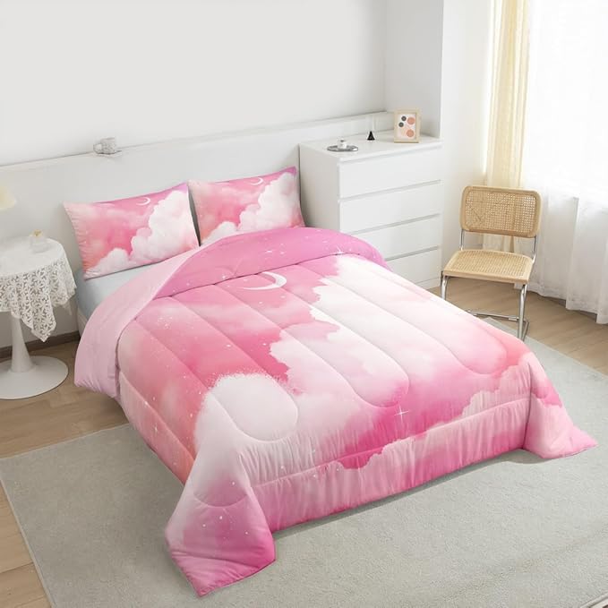 Moon and Stars Comforter Set King,Pink White Tie Dye Bedding Set for Girls Women Room Decor Reversible Aesthetic Marble Down Alternative,Galaxy Space Quilted Duvet Insert Cute Warm All Season