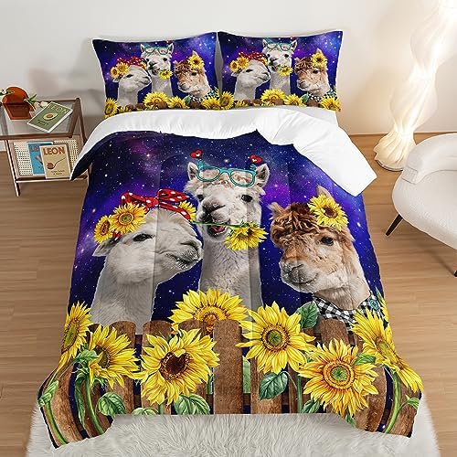 HOSIMA Funny Llama Comforter Set,Alpacas Bedding Sets Animal Theme Room Decor.Soft Microfiber Star Galaxy Sunflower Bed in a Bag King Size Comforter Set for Boys Girls Teens Dorm Room Essentials.