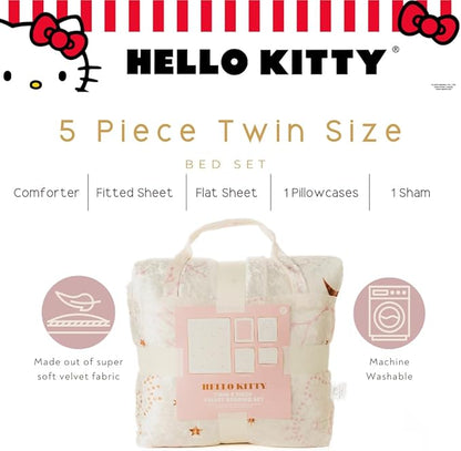Lux Hello Kitty Velvet Bedding 5 Piece Super Soft Cozy Reversible Comforter and Sheet Set with Sham & Tote Bag, Twin, (Officially Licensed Product) By Franco