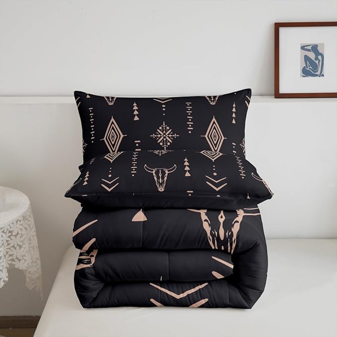 Erosebridal Bull Skull Comforter Set Full Boho Bedding Ethnic Horns Bedding Comforter Sets Black Brown Tribal Symbol Mysterious Aztec Room Decor Abstract Geometric Duvet Insert for Men Boys