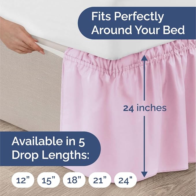 Wrap Around Dust Ruffle Bed Skirt - Light Pink - Twin/Twin XL Size Beds with 24 Inch Drop - Elastic Strap - Adjustable Pleated Bedskirt with Brushed Fabric and Wrinkle Free - Women, Men, Kids & Teens