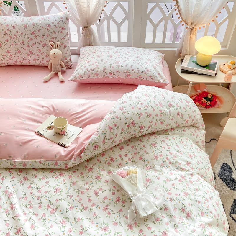 VM VOUGEMARKET Vintage Pink Floral Duvet Cover Queen Cotton Garden Flower Duvet Cover for Teen Girls Reversible Cute Pink White Bedding Set