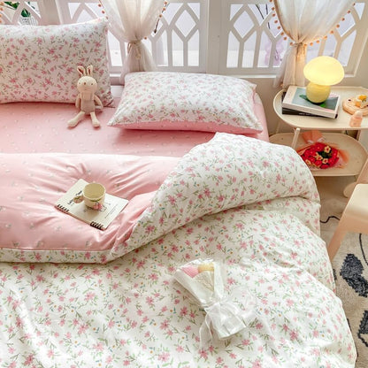 VM VOUGEMARKET Vintage Pink Floral Duvet Cover Queen Cotton Garden Flower Duvet Cover for Teen Girls Reversible Cute Pink White Bedding Set