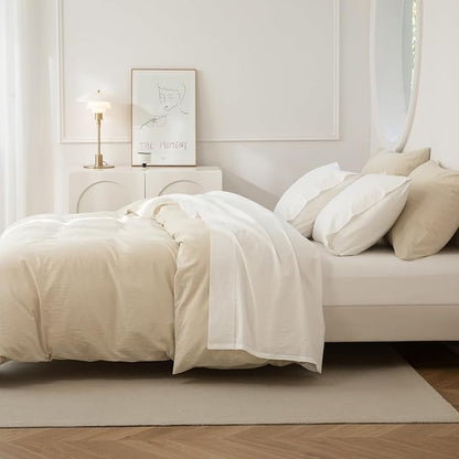 JIYUAN Full Size Sheet Set, 4-Piece - 100% Washed Cotton, Linen-Like Soft & Breathable, Includes Deep Pocket Fitted & Flat Sheet with 2 Pillowcases, Hotel Quality, Solid Off White