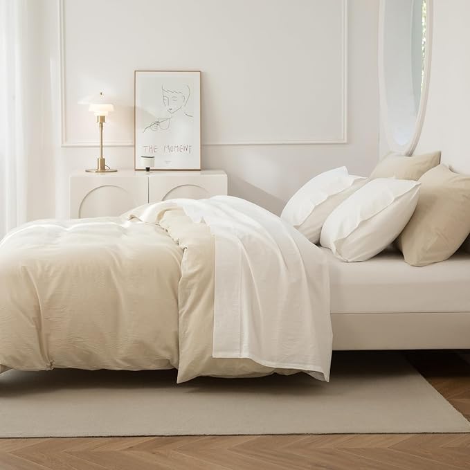 JIYUAN King Size Sheet Set, 4-Piece - 100% Washed Cotton, Linen-Like Soft & Breathable, Includes Deep Pocket Fitted & Flat Sheet with 2 Pillowcases, Hotel Quality, Solid Off White