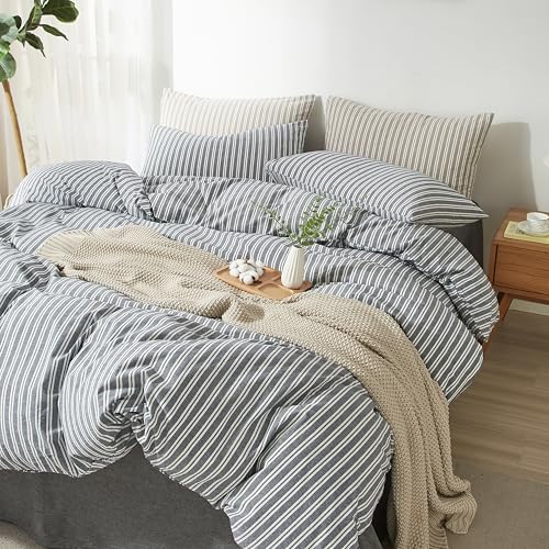 Striped Duvet Cover Set 100% Washed Cotton Linen Feel King