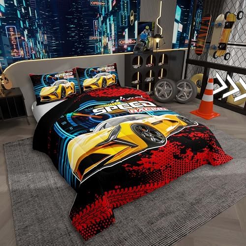 Erosebridal Kid Comforter Set - King Size,Racing Car Bedding Sets for Boys & Girls,Race Cars Quilt Bed Set with 1 Comforter 2 Pillowcases,Red Black and Yellow