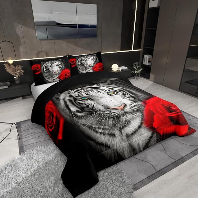 Castle Fairy Tiger Flower Bedding Set King Size 3D Africa Tiger Animal Comforter Set for Kids Teens Room Decor Red Rose Floral Duvet Insert Tiger Wildlife Down Comforter Set,3Pcs