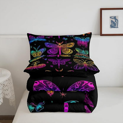 Butterfly Bedding Set, Gothic Ombre Dragonfly Comforter Set for Kids Teens, Gradient Rainbow Death Moth Bedding Comforter Sets Halloween Decoration Bedding, Psychedelic Colorful Wildlife Quilt, King