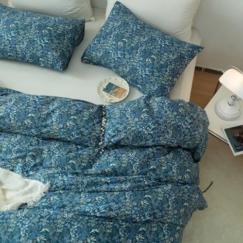 Blue Floral Duvet Cover Queen Vintage Flower Pattern Duvet Cover 100% Cotton Garden Style Comforter Cover Chic Botanical Floral Bedding Sets for Girls Women 1 Queen Duvet Cover with 2 Pillowcases