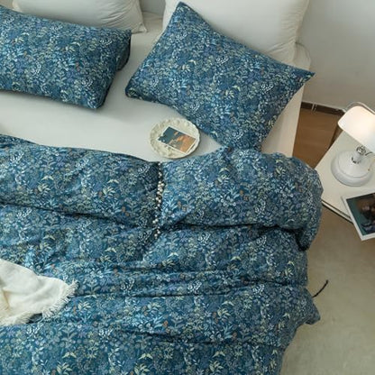 Vintage Floral Duvet Cover Small Blue Flower Duvet Cover Full Size Garden Style Floral Comforter Cover 100% Cotton Aesthetic Cottagecore Bedding Set Flower Botanical Comforter Cover with Zipper Ties