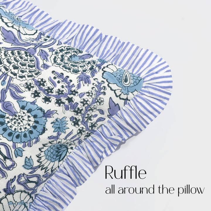 CPC Block Print Indigo Blue Ruffle Cotton Lumbar Pillow Cover 12x20 inch
