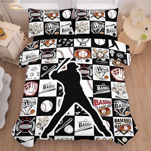 Helloosun 5PCS Twin Baseball Comforter Set,Sports Bedding Sets for Boys,Twin Boys Comforter Set,Baseball Bedding Set with Sheets，Pillowcases