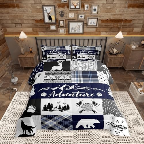 Castle Fairy Deer Bear Full Size Comforter Set,Rustic Farmhouse Wildlife Patchwork Blue Bedding Comforters Bedroom Collection,Camping Cabin Decor Boho Aztec Tribal Bedding Set for Girls Teens
