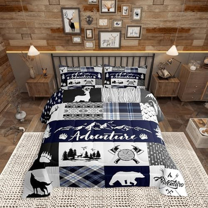 Castle Fairy Deer Bear Full Size Comforter Set,Rustic Farmhouse Wildlife Patchwork Blue Bedding Comforters Bedroom Collection,Camping Cabin Decor Boho Aztec Tribal Bedding Set for Girls Teens