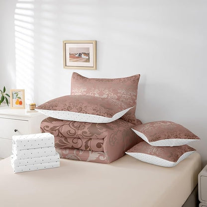 Erosebridal Gothic Damask 7 Piece Comforter Set Full Bed in a Bag,Halloween Bat Bedding Sets Light Pink Victorian Floral Goth Sheet Set with Comforter