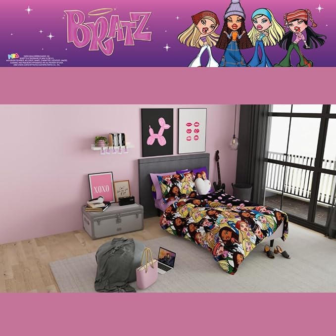 Bratz Fashion Bedding 5 Piece Super Soft Reversible Comforter and Sheet Set with Sham, Twin, (100% Official Licensed Product) by Franco