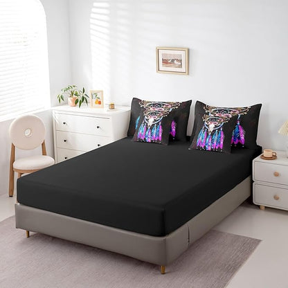 Erosebridal Bull Skull Bed in a Bag King Size Comforter Set 7 Pieces,Dream Catchers Bedding Sets Bohemian Dreamcatcher Feather Sheet Set with Comforter