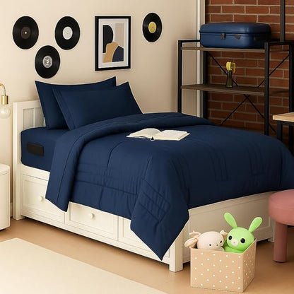 Twin Size Comforter Set Quilted Stripe Bedding Bundle – Comforter, Mattress Protector, Sheets with Pockets on the Side & Built-in Corner Strap – Fitted Sheet Media Pocket for Devices, Navy Blue