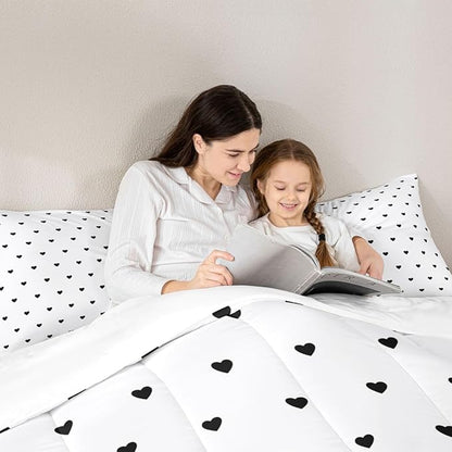 Erosebridal White Black Comforter Set Cute Heart Pattern Bedding Set Girly Cartoon Love Geometric Down Comforter Twin Size Cute Quilt Set for Kids Girls Boys Teens Bedroom Decor Soft Duvet Set