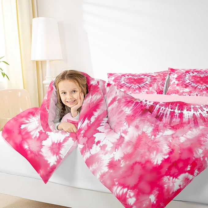 Rose Red Tie Dye Comforter Set Full Size,Pink Cute Heart Bedding Set 3pcs for Kids Teens Girls Adults Room Decor,Art Graffiti Quilt Set Modern Fashion Duvet Insert with 2 Pillowcases