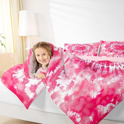 Rose Red Tie Dye Comforter Set Full Size,Pink Cute Heart Bedding Set 3pcs for Kids Teens Girls Adults Room Decor,Art Graffiti Quilt Set Modern Fashion Duvet Insert with 2 Pillowcases