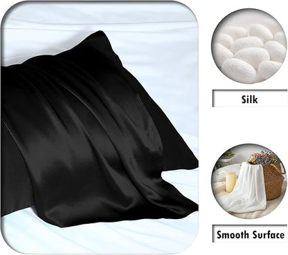 Silk Pillow Cases 2 Pack,Soft Breathable and Sliky Queen Size Pillow Cases Set of 2,Natural Mulberry Silk Pillowcase Set of 2 for Hair and Skin with Hidden Zipper (Black,20"X 30",2pcs)
