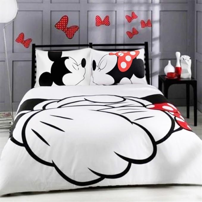 Microfiber Reversible Printing Mickey Mouse Couples Duvet Cover 3PCS Bedding Set with Zipper Closure - Ultra Soft Lightweight and Easy Care, King