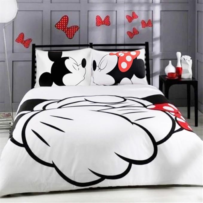 Microfiber Reversible Printing Mickey Mouse Couples Duvet Cover 3PCS Bedding Set with Zipper Closure - Ultra Soft Lightweight and Easy Care, Full