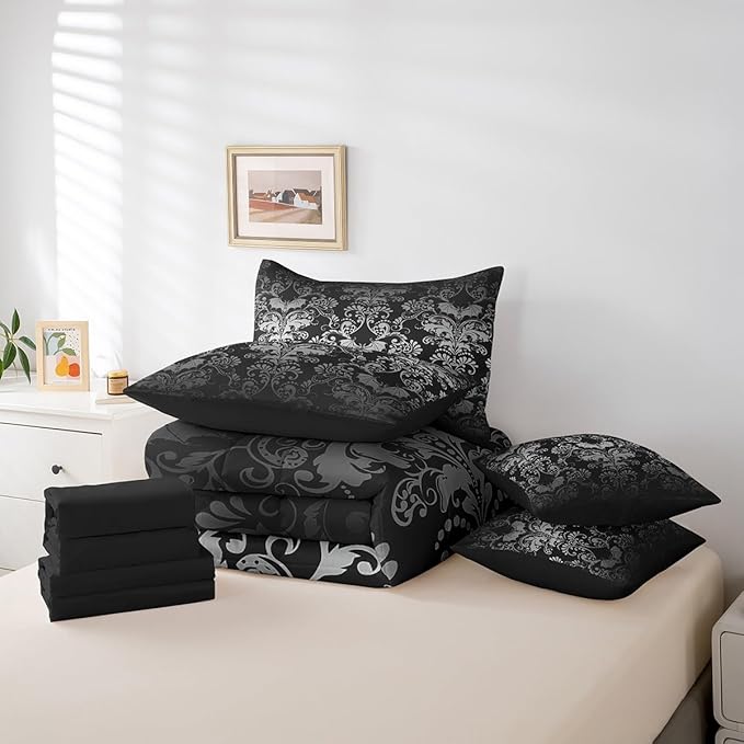 Erosebridal Gothic Damask 7 Piece Comforter Set Full Bed in a Bag,Halloween Bat Bedding Sets White Black Victorian Floral Goth Sheet Set with Comforter