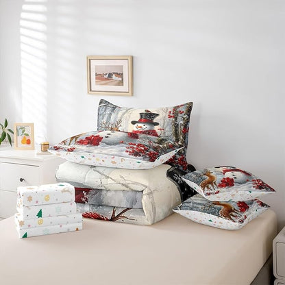 Castle Fairy Winter Snowman Comforter Set King Size 7 Pcs,Merry Christmas Theme Bedding Set for Girls Teens Bedroom Decor,Wild Breds Trees Deer Bed in a Bag with Comforter,Sheets and Pillow Cases