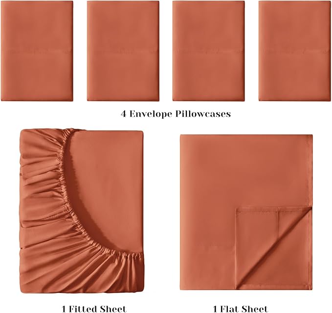 BYSURE 6 Pieces Bed Sheets Set(Full, Terracotta) - Hotel Luxury Super Soft 1800 Thread Count 100% Microfiber Sheets with Deep Pockets, Wrinkle & Fade Resistant