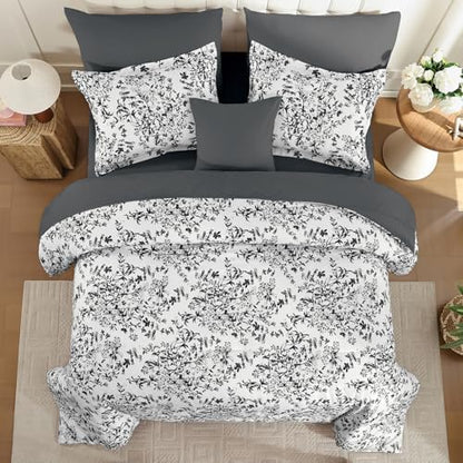 8 Pieces Floral Comforter Set Queen Size Black Gray Bed in a Bag Bedding