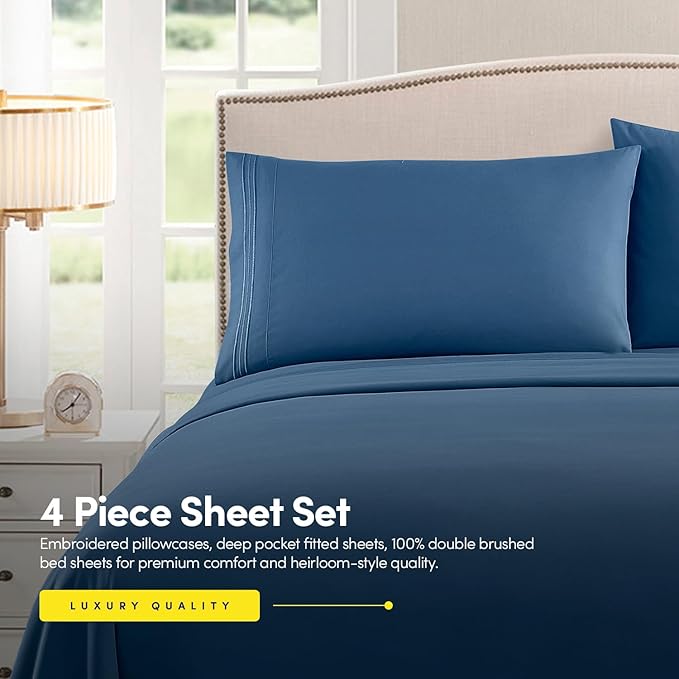1500 Supreme Collection Queen Sheet Sets Denim Blue - Luxury Hotel Bed Sheets and Pillowcase Set for Queen Mattress - Extra Soft, Elastic Corner Straps, Deep Pocket Sheets, Queen Denim Blue