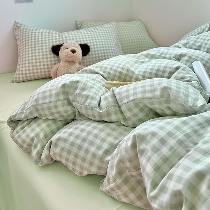 Nayoroom Green Gingham Duvet Cover Queen Size Plaid Checkered Duvet Cover Girls Dorm Bedding Set 3 Pieces Soft Lightweight Washed Microfiber Farmhouse Bedding with Pillowcases