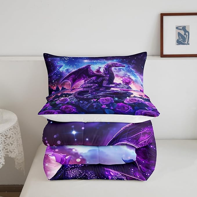 Purple Dragon Comforter Set Queen Size,Blossom Flower Rose Bedding Set for Kids Boys Girls Room Decor,Galaxy Starry Sky Nebula Duvet Insert 3Pcs,Glitter Retro Wild Animal Quilt Set,2 Pillowcases