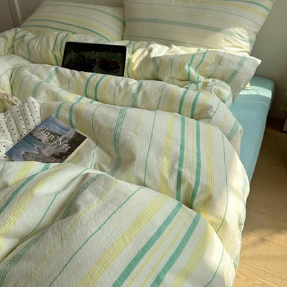 EAVD Retro Striped Duvet Cover Set Full Size Soft 100% Cotton Vintage Yellow Green Stripes Pattern Bedding Set with 2 Pillowcases Reversible Farmhouse Geometric Printed Duvet Cover with Zipper