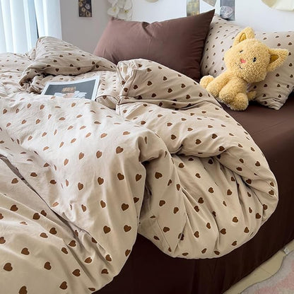 Nayoroom Brown Heart Duvet Cover King Size Vintage Hearts Printed on Taupe Duvet Cover Kids Girls 3 Pieces Soft Microfiber Farmhouse Bedding Set with Zipper Closure