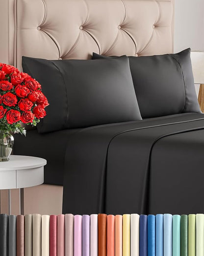 Twin XL 4 Piece Sheet Set - Comfy Breathable & Cooling - Ultra Soft Hotel Luxury Bedding Set w/ 8-16 Inch Deep Pockets - 1 Flat & 1 Fitted Sheet & 2 Pillowcases - Wrinkle Free and Easy Care - Black