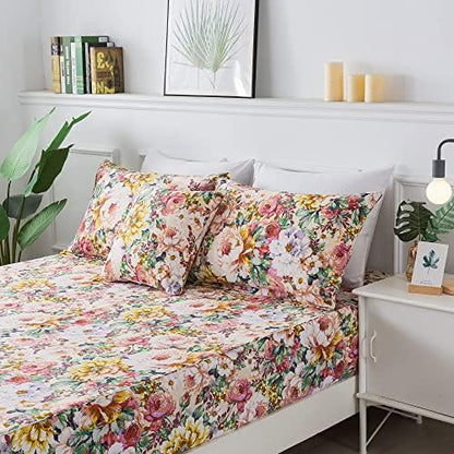 FADFAY Floral Sheets Set Queen 100% Cotton Shabby Garden Flower Pink and Orange Vintage Peony Bedding 600TC Elegant Cottagecore Bedding Super Soft Deep Pocket Bed Sheets Set, 4Pcs