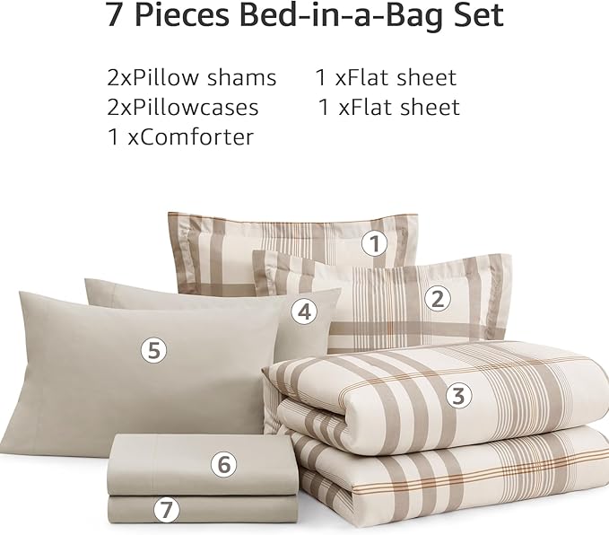 MaiRêve Queen Comforter Set Brown Grey, Classic Plaid Farmhouse Bedding Sets 7 Pieces, All Season Lightweight Bed in a Bag with Sheets, Pillowcases & Shams