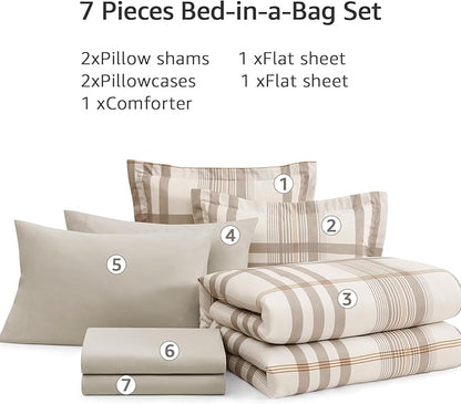 MaiRêve Full Size Comforter Set Brown Grey, Classic Plaid Farmhouse Bedding Sets 7 Pieces, All Season Lightweight Bed in a Bag with Sheets, Pillowcases & Shams