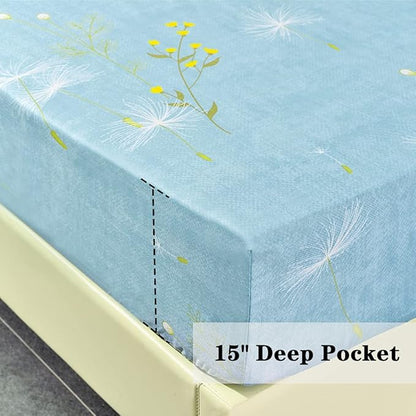 JSD Dandelion Floral Print Sheet Set King, 4 Piece Brushed Microfiber Sheets Extra Deep Pocket, Ultra Soft Bedding Sheets