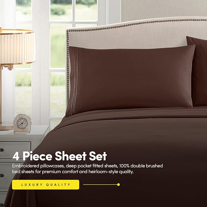1500 Supreme Collection Bed Sheets - 4 Piece Bed Sheet Set Deep Pocket Wrinkle Free Hypoallergenic Bedding - Full, Brown